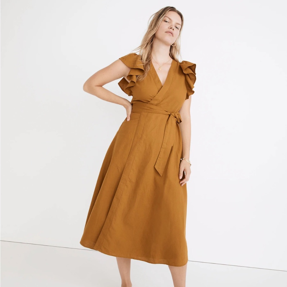 Madewell Linen-Blend Ruffle-Sleeve Wrap Midi Dress